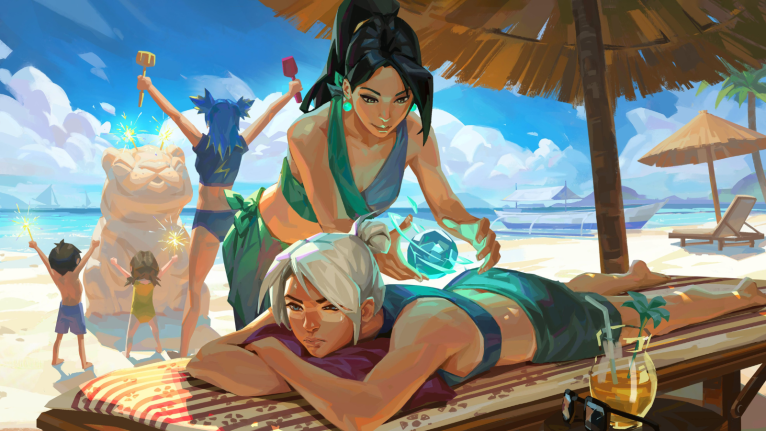 VALORANT agent Sage healing Jett at the beach.