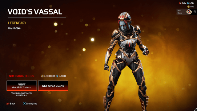 Void's Vassal Wraith skin, a black and gold suit with red wires adoring Wraith's head like hair.