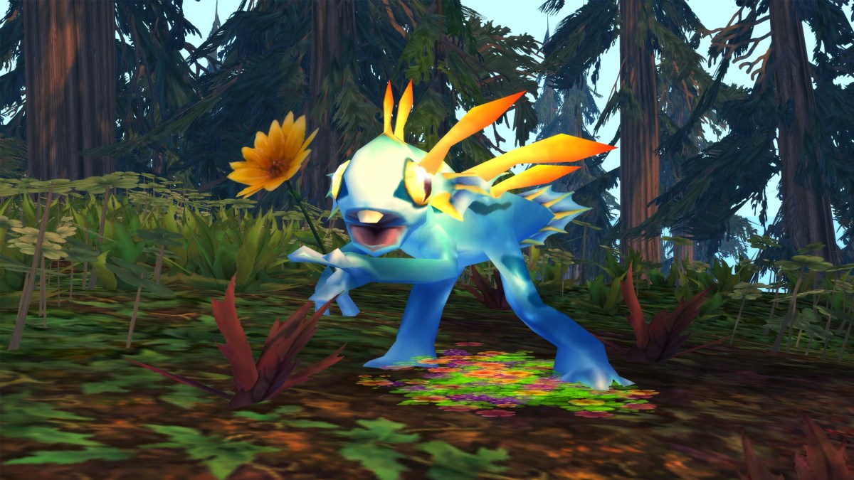 Murloc pet in WoW holding a flower