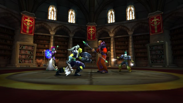 A group of WoW Classic characters face off in battle.