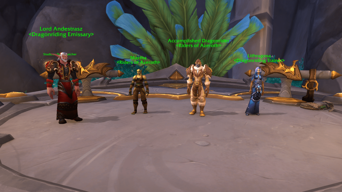 Four Dragonriding NPC standing next to each other near the Rostrum of Transformation