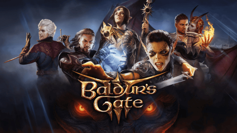 The title of the Baldur's Gate 3 game, including five of the six Origin characters available as companions.