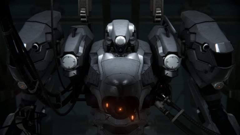 An armored core in a hangar