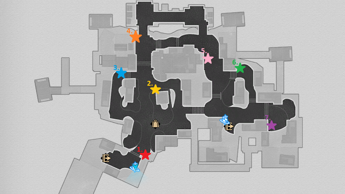 A map of Aurum Alley with the seven chests marked. 