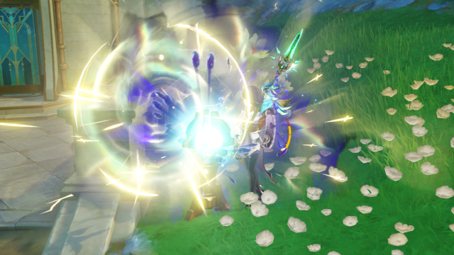 Raiden Shogun balancing an Ouisa pillar.
