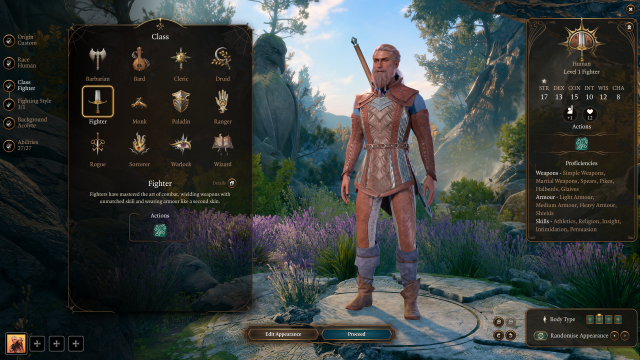The Fighter class standing in the Baldur's Gate 3 character creator.
