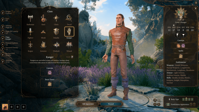 The Ranger class standing in the Baldur's Gate 3 character creator.