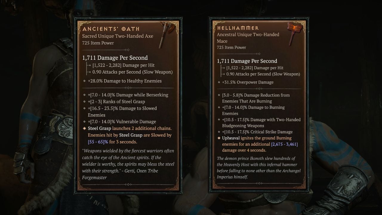 Cards showing potential stats for Barbarian uniques in Diablo 4