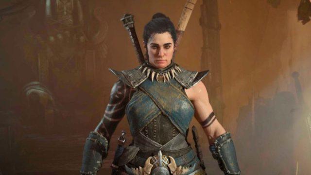 Muscled woman wearing leather armor and weapons in Diablo 4