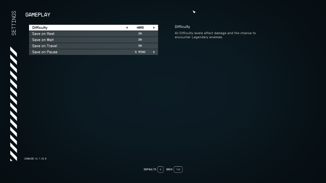 The difficulty menu in Starfield