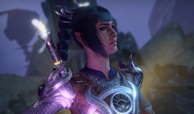 Image of the character Shadowheart, looking inquisitively at the Nightsong.