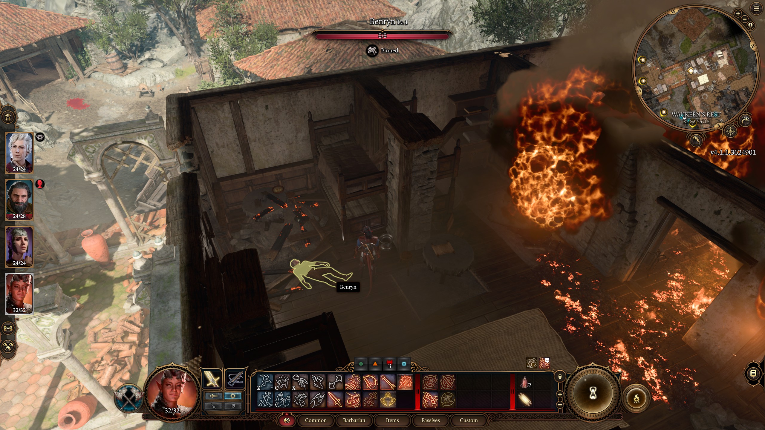 An image of the player character party navigating the burning Waukeen's Rest in Baldur's Gate 3.