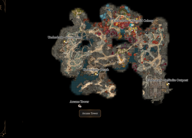 Map of the Underdark map from Baldur's Gate 3, with the cursor hovering over the Arcane Tower just south of the Beach location.