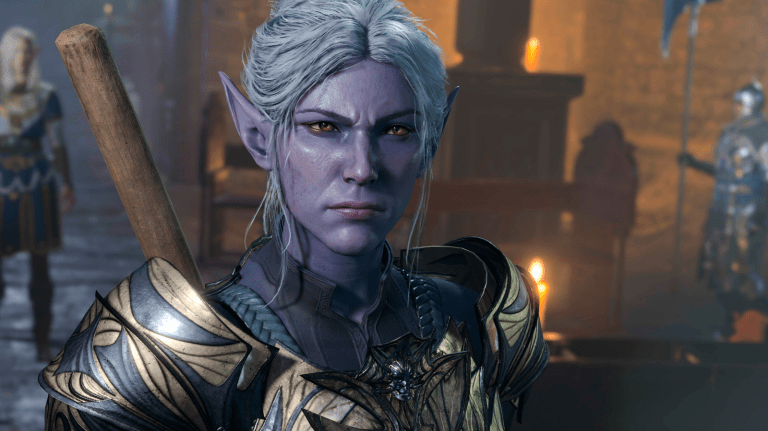 Minthara, a Drow Paladin, stands in front of the party in a courtyard of Baldur's Gate 3.