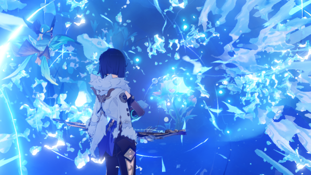 Yelan hitting a Romaritime Flower with Hydro.