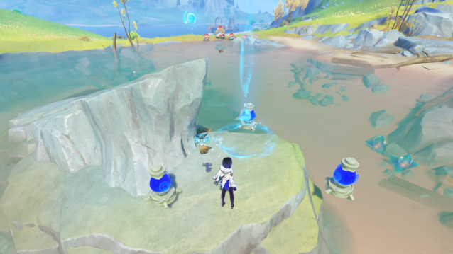 Yelan standing by three Water Volume Detection Crystals and a special portal at the center of the boiling lake.