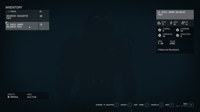 Image of the Starfield inventory screen, focused on the boost pack. The UC Shock Armor Balanced Pack is equipped.