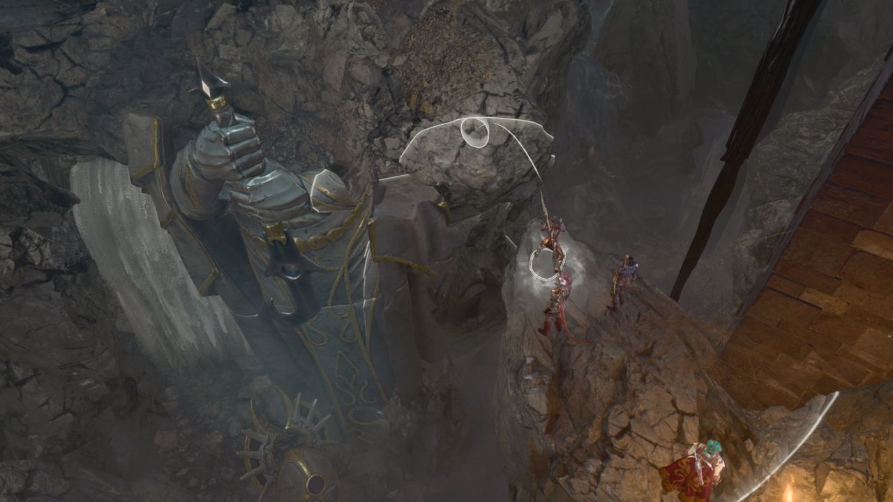 A group of people jumping a cross a broken chasm in grymforge in BG3