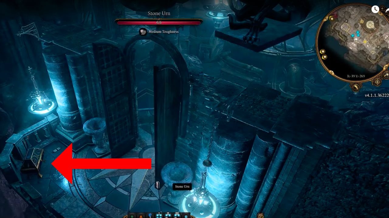 Red arrow pointing to a golden and black chest on a balcony in BG3