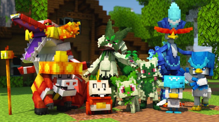 A bunch of Pokémon standing side by side in Cobblemon on Minecraft