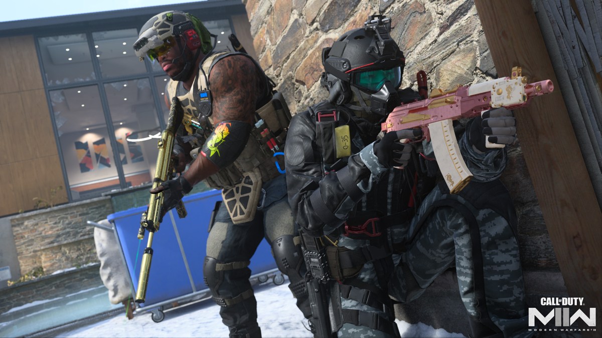 Image of two MW characters with guns hiding behind a wall.