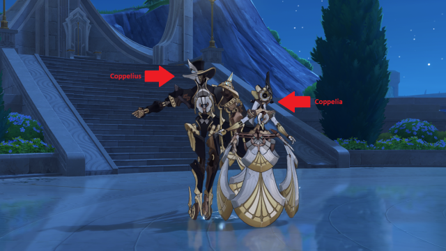 Coppelius and Coppelia dancing together.