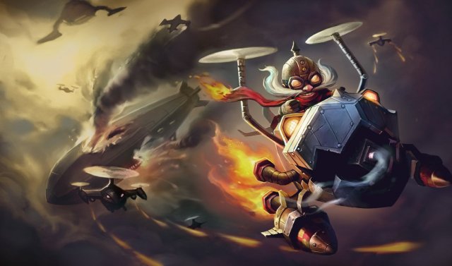 The League of Legends champion Corki flying a little helicopter-esque machine away from a burning zeppelin.