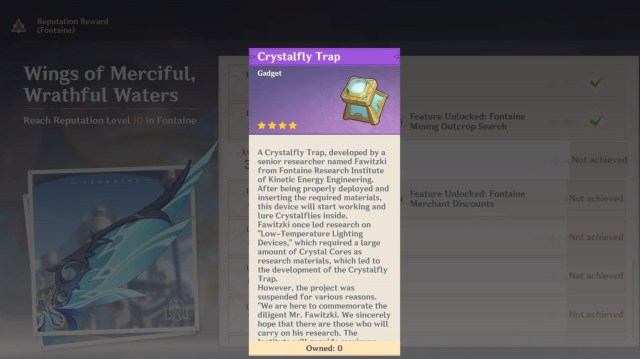 The Crystalfly Trap reward on the Fontaine reputation page. 