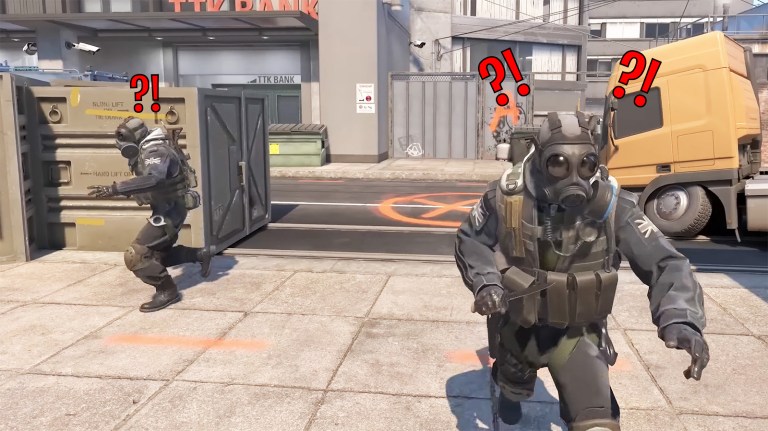 Two Counter-Strike characters on Overpass A Bomb site with question and exclamation marks over their heads.