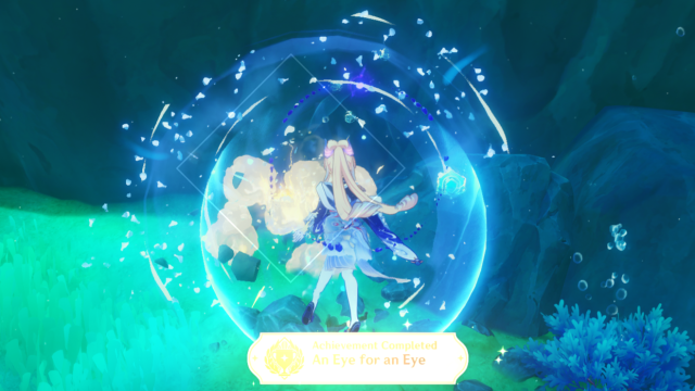 Kokomi fighting a Bullet Barnacle and earning the "An Eye for an Eye" achievement for vanquishing it.