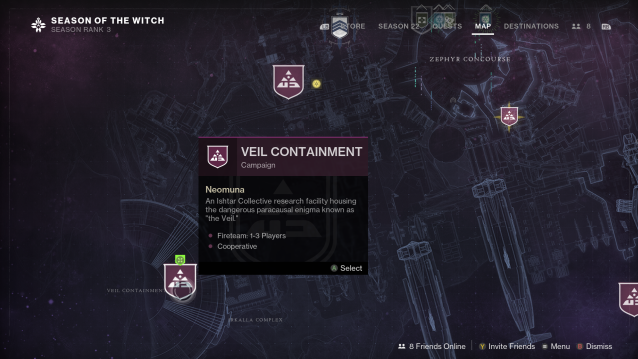 The map screen for the Neomuna destination in Destiny 2. A node is highlighted called Veil Containment.