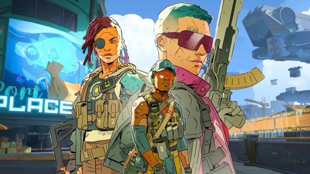 Three people wearing combat gear and wielding weapons in front of a fish store in cartoon anime game
