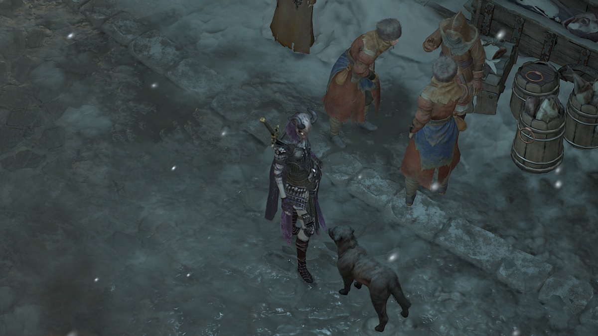 A Diablo 4 Necromance stands in front of a dog