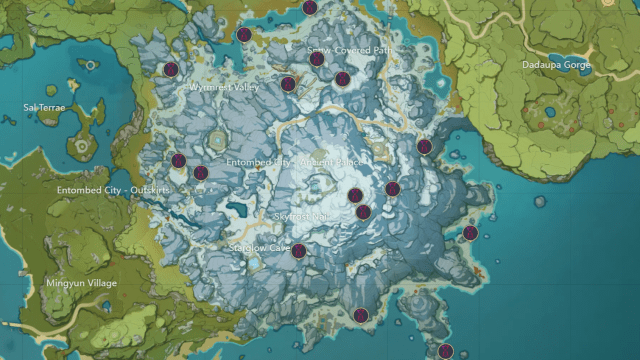 A map of Dragonspine with the Time Trials marked.