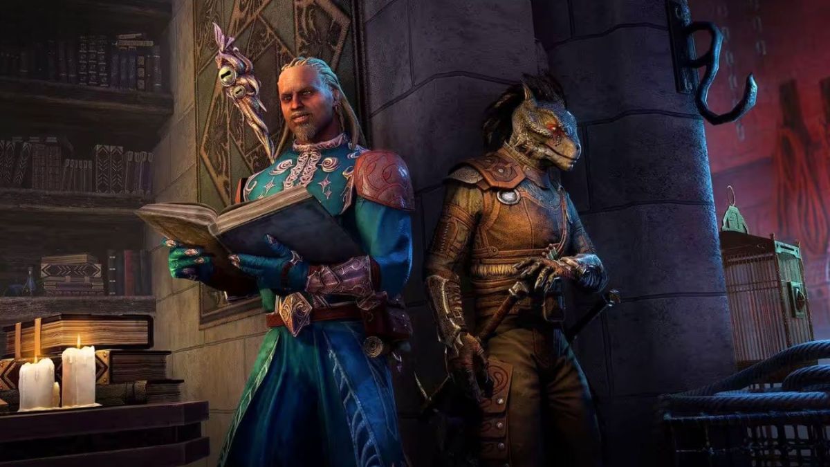 A man holding a book and a lizard man standing next to eachother wearing armor in Elder Scrolls.