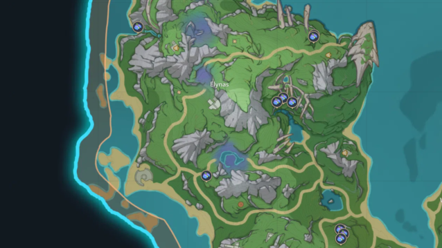 A map of the Elynas region with the Lumidouce Bell locations marked.