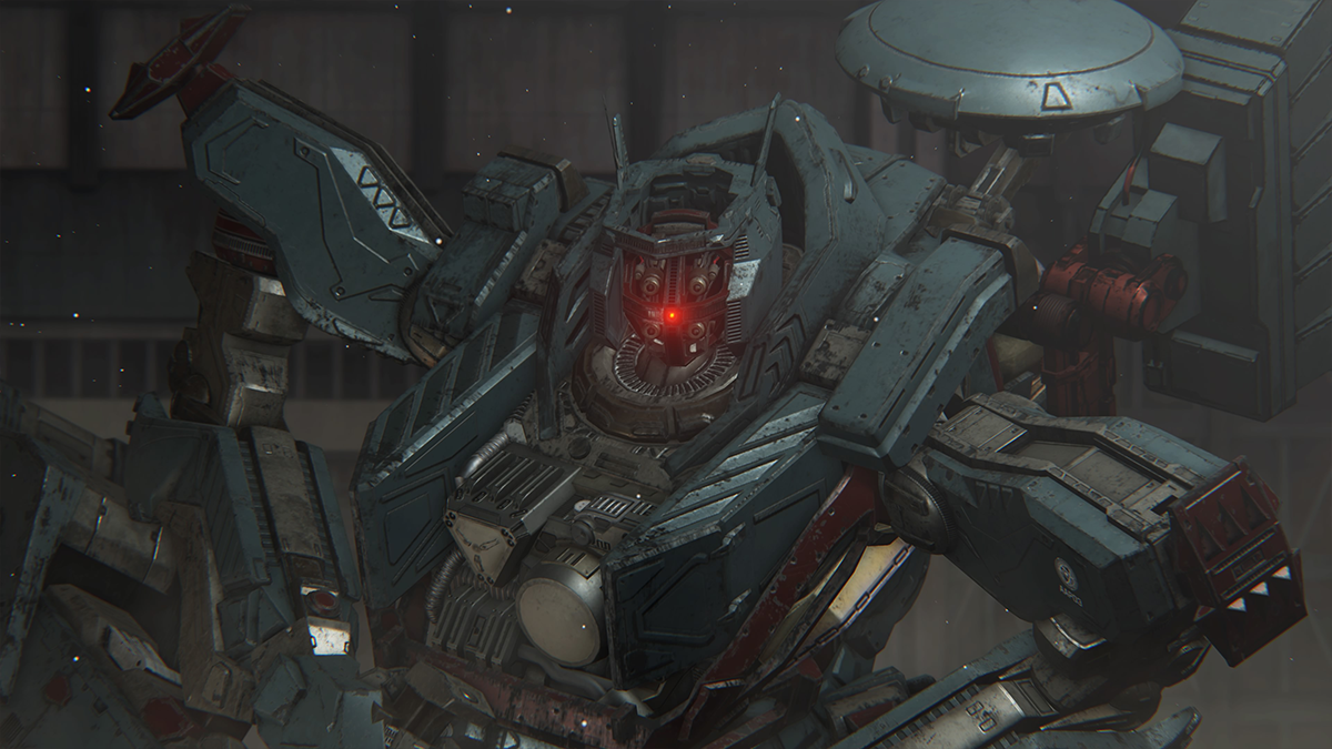 A giant mech with a single red eye in Armored Core 6.