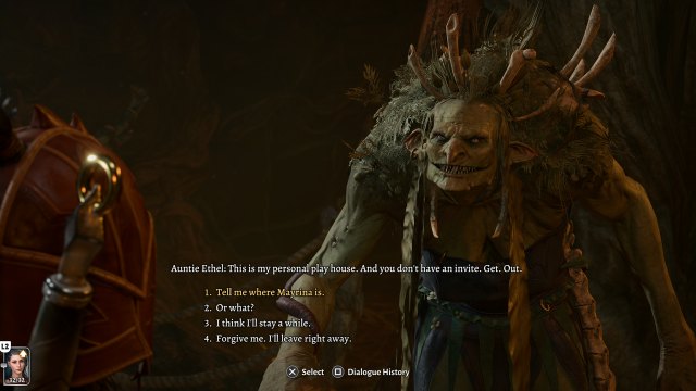 A terrifying hag threatens an adventurer.