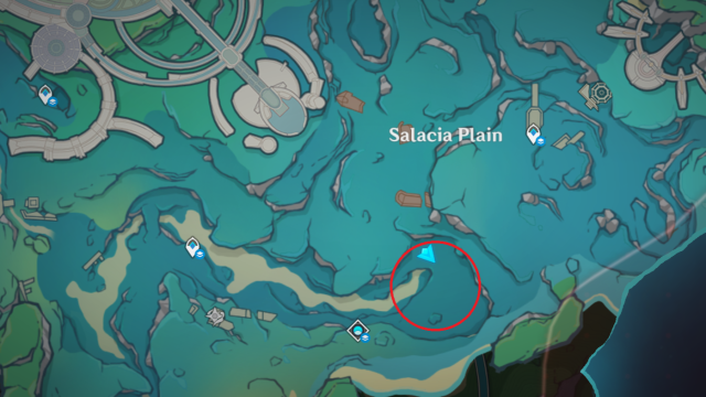 A map of the Salacia Plain area with The Fairy Knight Twins location circled.