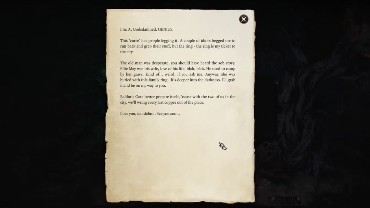 A letter with the location of the family ring in BG3