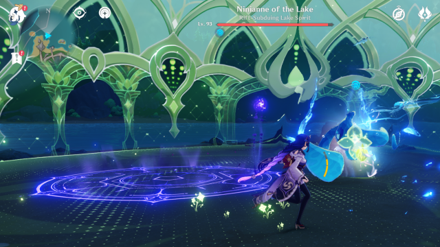 Raiden Shogun fighting Ninianne of the Lake.