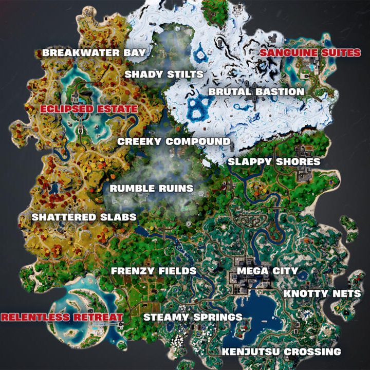 An image of the Fortnite map, showing all 15 POIs, including new locations Sanguine Suites, Eclipsed Estate, and Relentless Retreat.