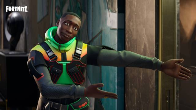 Khaby Lame's Fortnite ICON skin, wearing a green and yellow hoodie, with black sleeves.