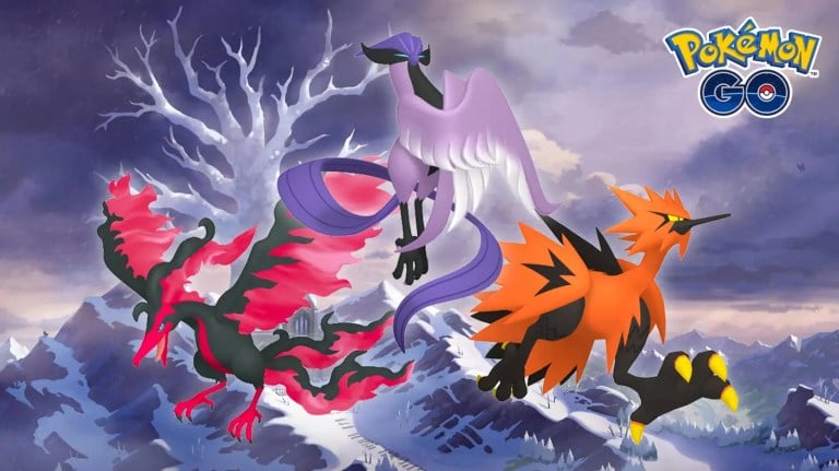 Galarian Moltres, Articuno, and Zapdos in promotional art for Pokemon Go.