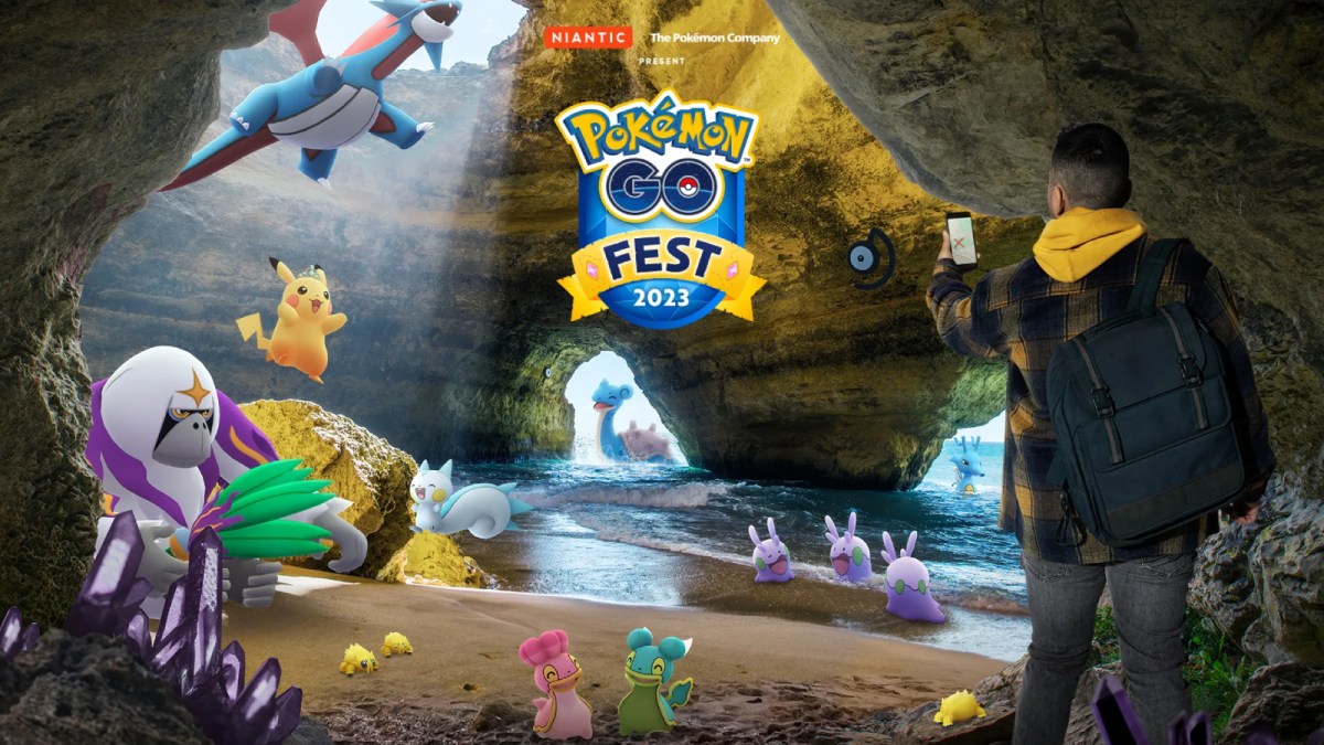 The Pokémon that will appear in the global celebration of the 2023 Pokémon Go Fest, including Oranguru, both forms of Shellos, Joltik, Goomy, Lapras, Pachirisu, Unown, Kingdra, Salamence, and Pikachu wearing a crown. They all appear in a beachside cave with various pink gems in the sand.