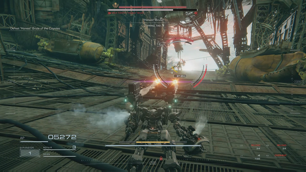 A mech fires two missiles at an enemy in Armored Core 6. 