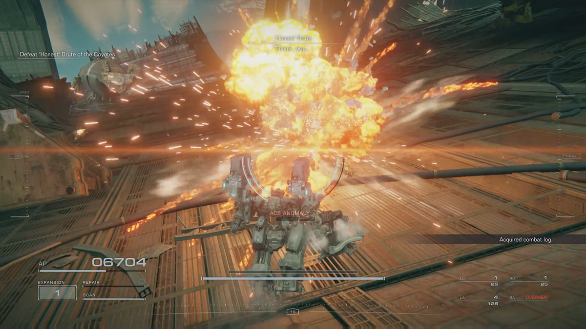 A mech explodes into a giant fireball in Armored Core 6. 