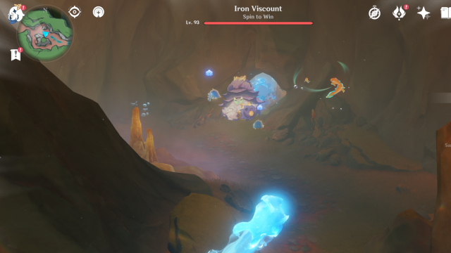 The player moving as a concentrated bubble of Hydro toward the Iron Viscount.
