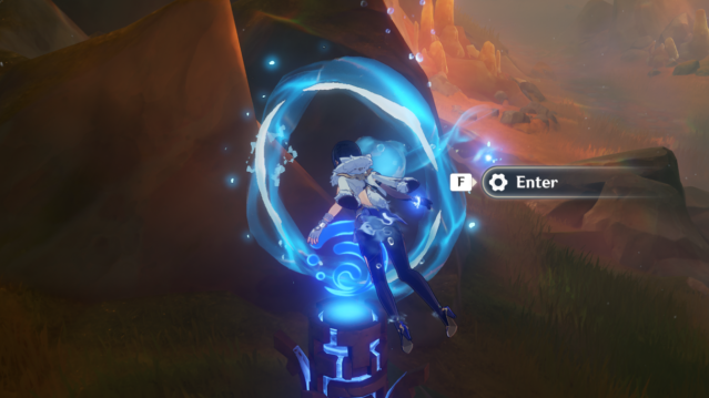 Yelan preparing to enter the current above the Hydro Pillar.