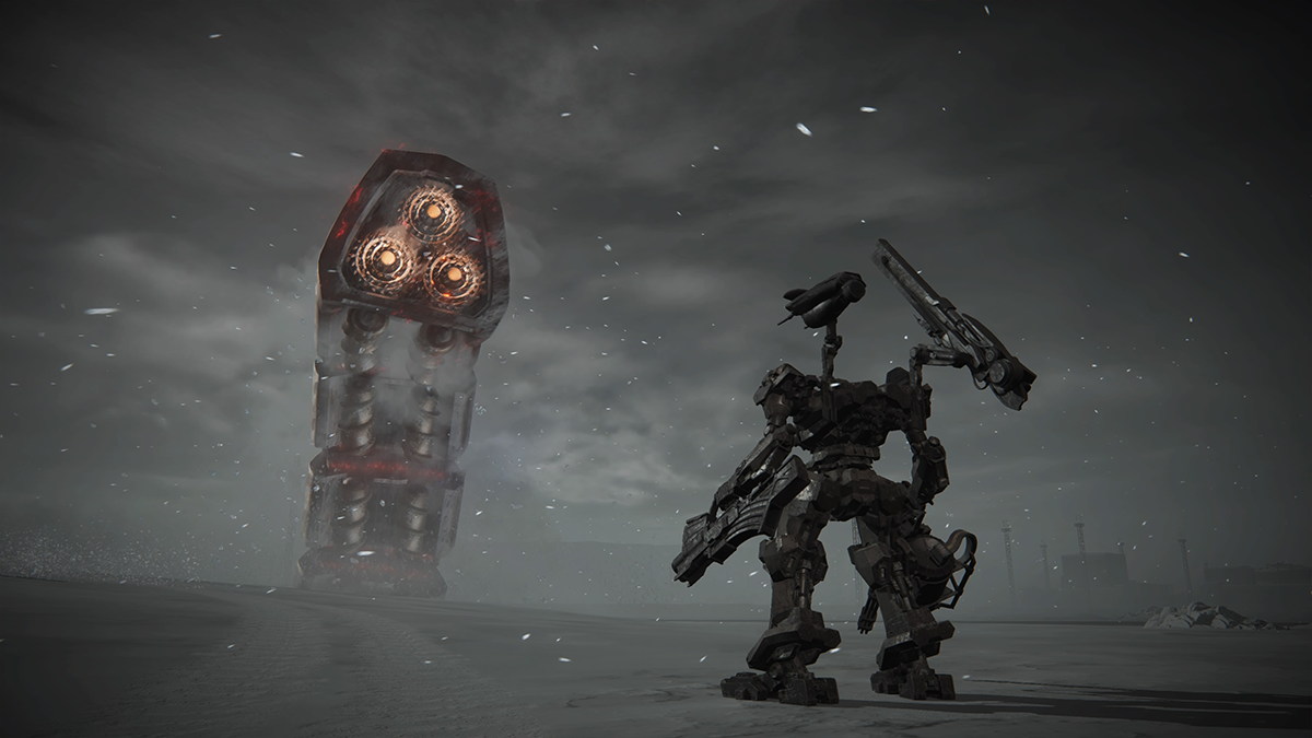 A giant mechanical worm looms over an icy battlefield in Armored Core 6.